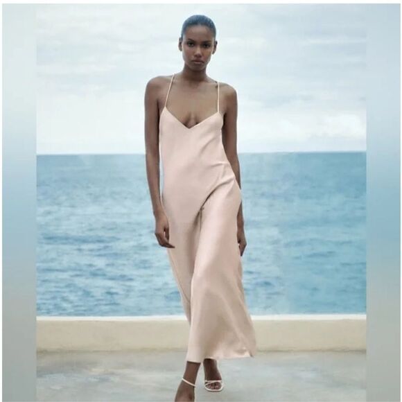 Zara Dresses & Skirts - NWT Zara Champagne Satin Long Dress Open Back
